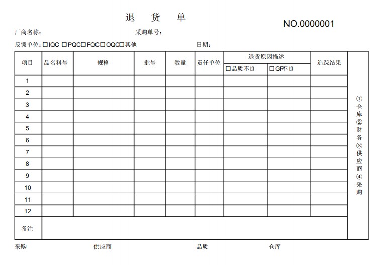 退貨單格式模板